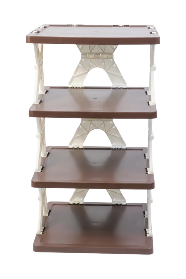 3D Carpenter Point™ Stackable Shoe Storage Organizer – 4-Layer Foldable Cabinet with Adjustable Slots & Space-Saving Modular Design (Brown-White)