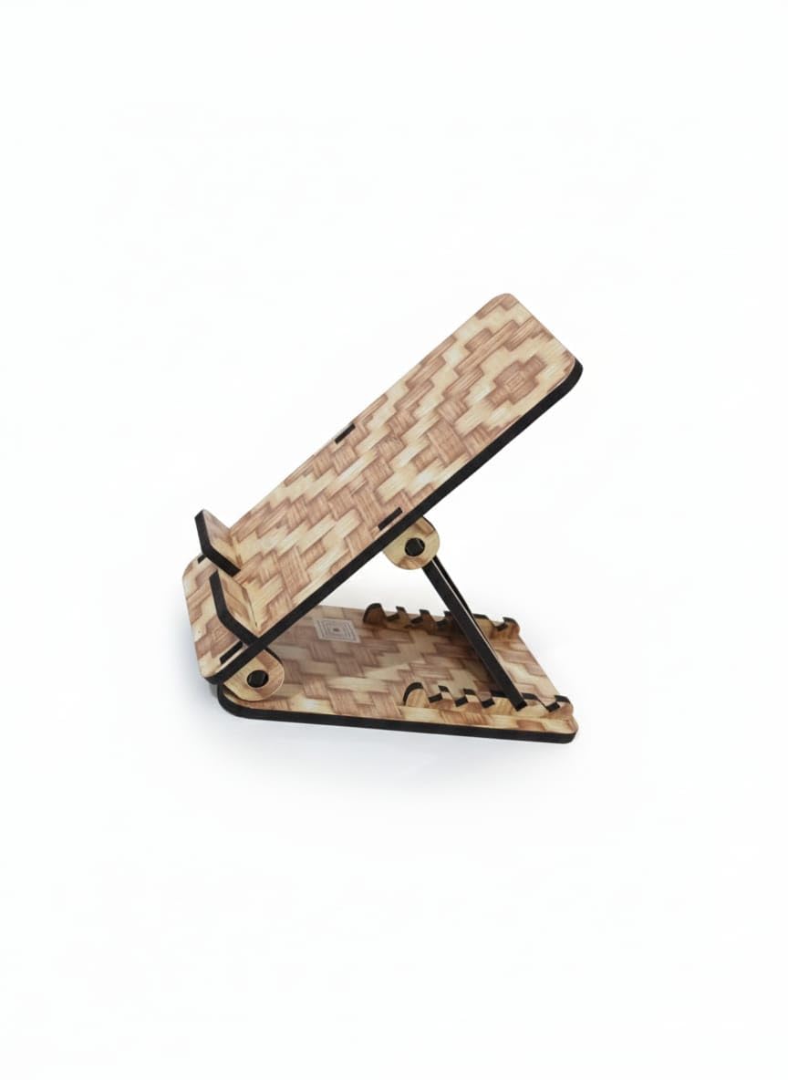 3D Carpenter Point™ Wooden Adjustable Mobile Stand – Portable Desktop Phone Holder with Geometric Pattern for Home & Office (Artistic Series)