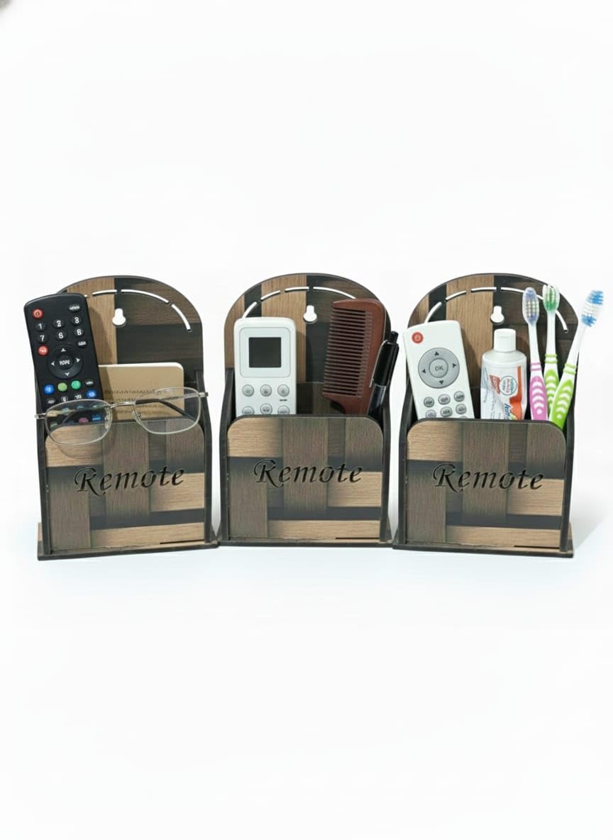 3D Carpenter Point™ Wooden Wall-Mounted TV Remote Holder – Set of 3 Rustic Brown Storage Boxes for Home & Office Organization
