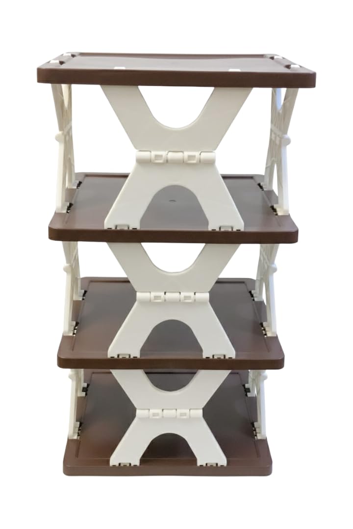 3D Carpenter Point™ Stackable Shoe Storage Organizer – 4-Layer Foldable Cabinet with Adjustable Slots & Space-Saving Modular Design (Brown-White)