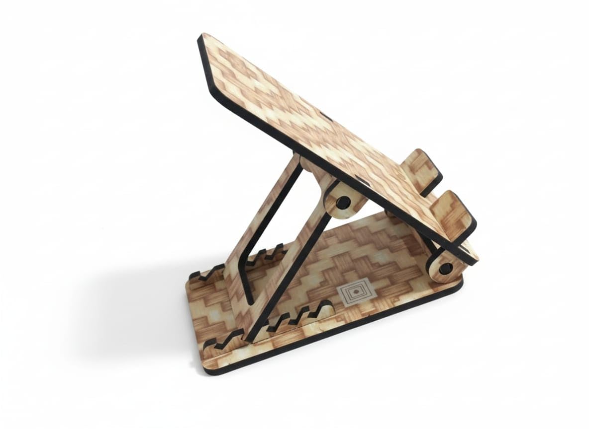 3D Carpenter Point™ Wooden Adjustable Mobile Stand – Portable Desktop Phone Holder with Geometric Pattern for Home & Office (Artistic Series)