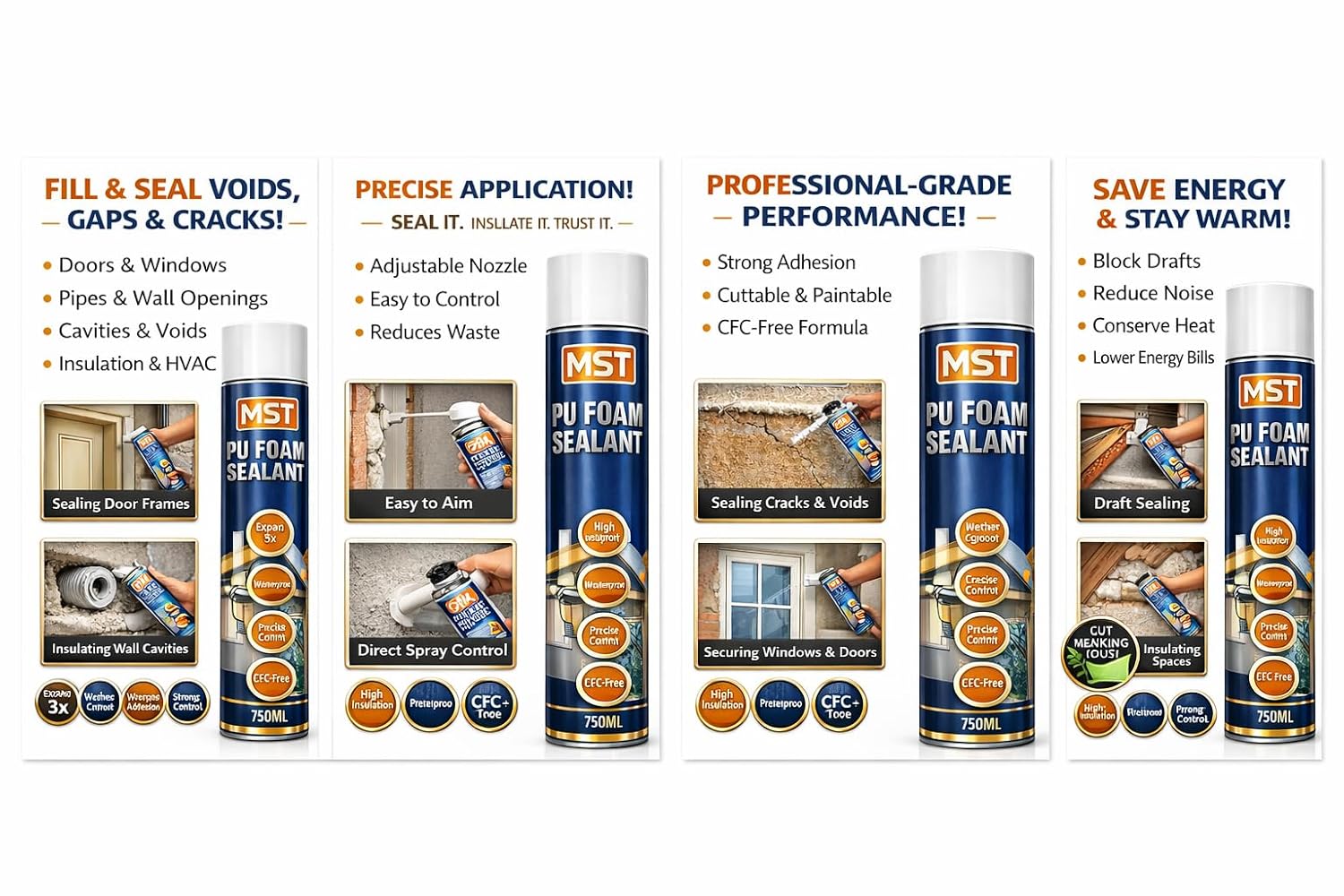 3D Carpenter Point™ MST PU Foam Sealant (750ml) – Expanding Polyurethane Foam for Gap Filling, Waterproof Insulation & Sealing Doors, Windows & Pipes