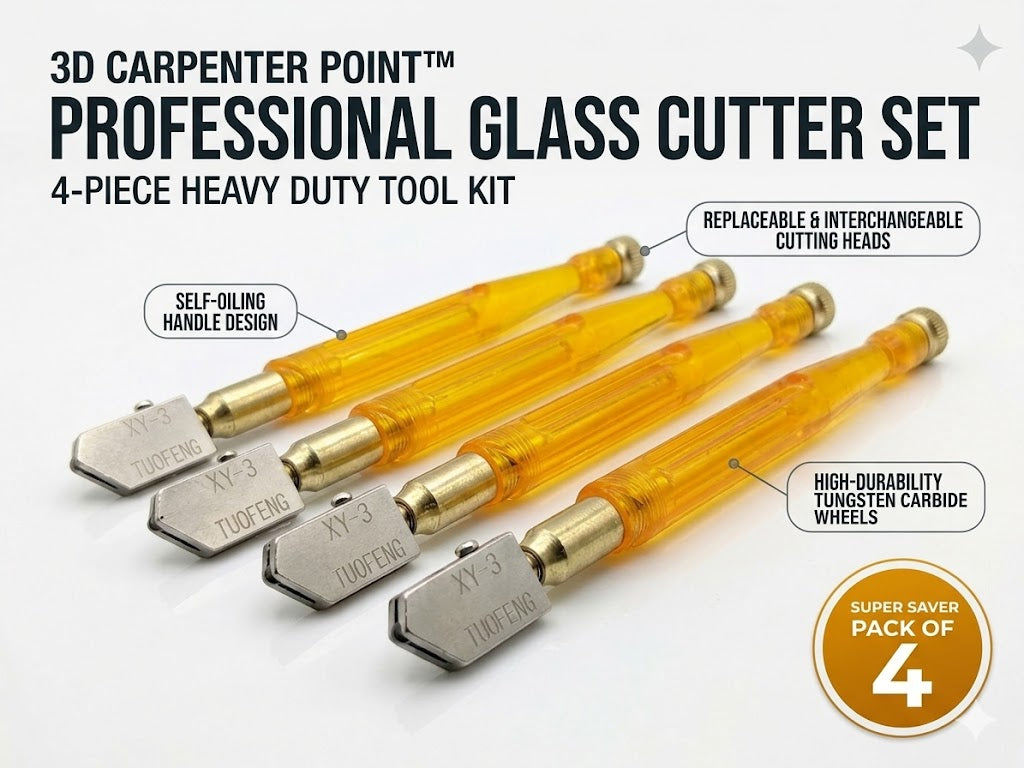 3D Carpenter Point™ Professional Pencil Style Glass Cutter – Heavy Duty Tungsten Carbide Wheel for 3mm-12mm Mirror, Bottle & Window Cutting | Self-Oiling Ergonomic Glass Cutting Tool