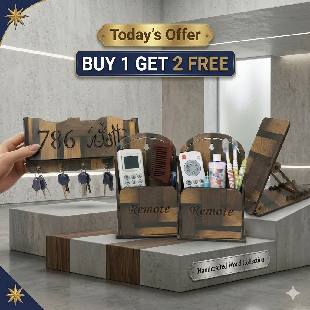 3D Carpenter Point™ Premium Wooden Wall Organizer Combo – Buy 1 Get 2 FREE | Handcrafted Mobile Stand, Stylish Key Holder & Remote Holder Set | Elegant Home & Office Decor