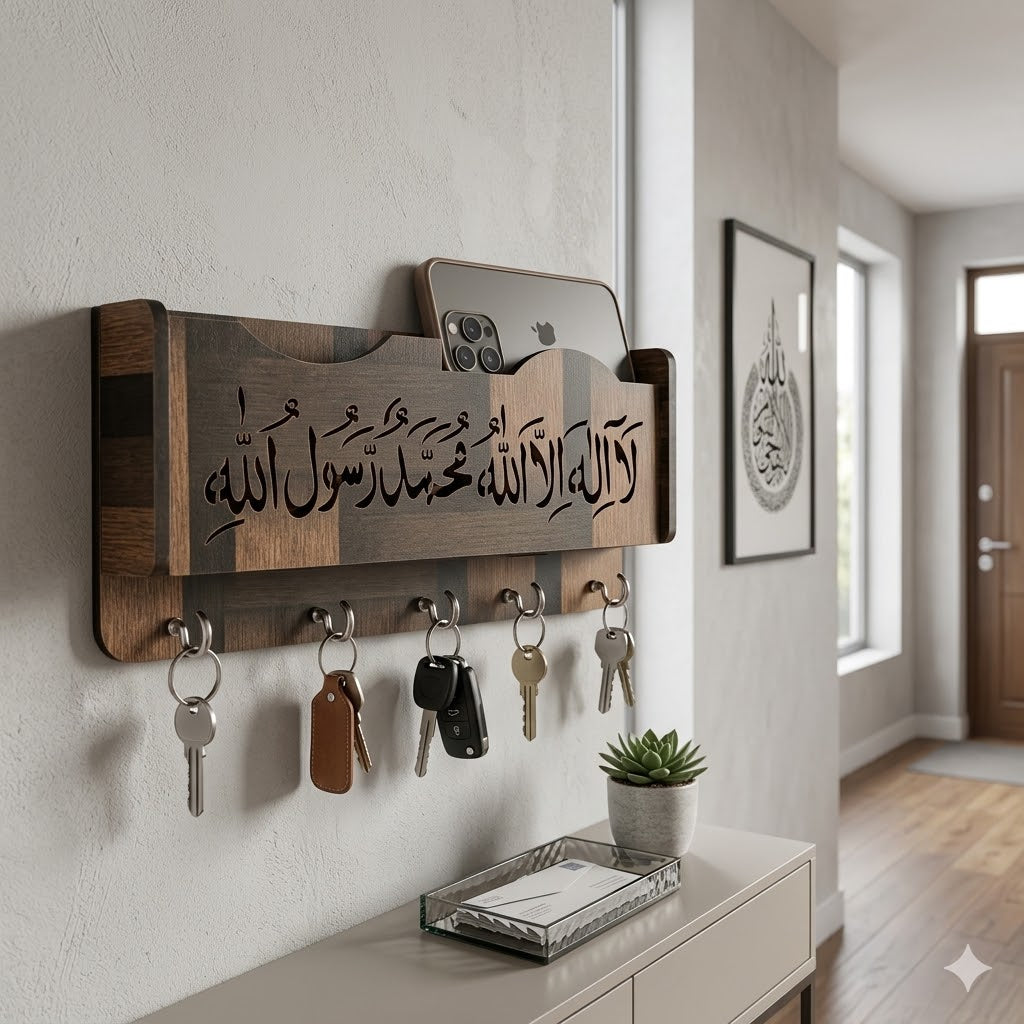 3D Carpenter Point™ Wooden Wall Mounted Key Holder with Arabic Calligraphy – 5-Hook Premium Key Organizer for Home & Office (Grey & Brown - Design 1)